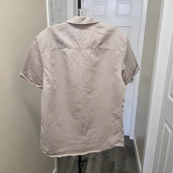 AllSaints Hermosa Cotton Linen Blend Short Sleeve Polo Shirt Beige Neutral - Picture 6 of 8